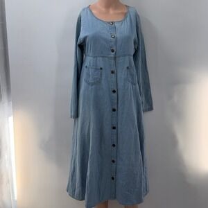 Vtg 90s Solutions Original Denim M Full Button Front Chore Maxi Cottagecore